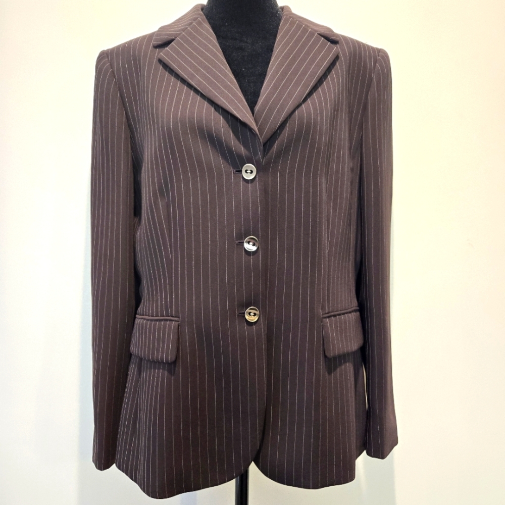 Tahari Blazer 14P Women's Petite Brown Striped Fitted Jacket Office Siren